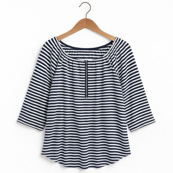 CHICO'S Knit Kit Stripe Off-Shoulder 3/4 Sleeve Top - Size Large - Picture 1 of 11